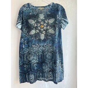 Bleu Lounge Blue Rhinestone Boho Hippy Long Top Medium